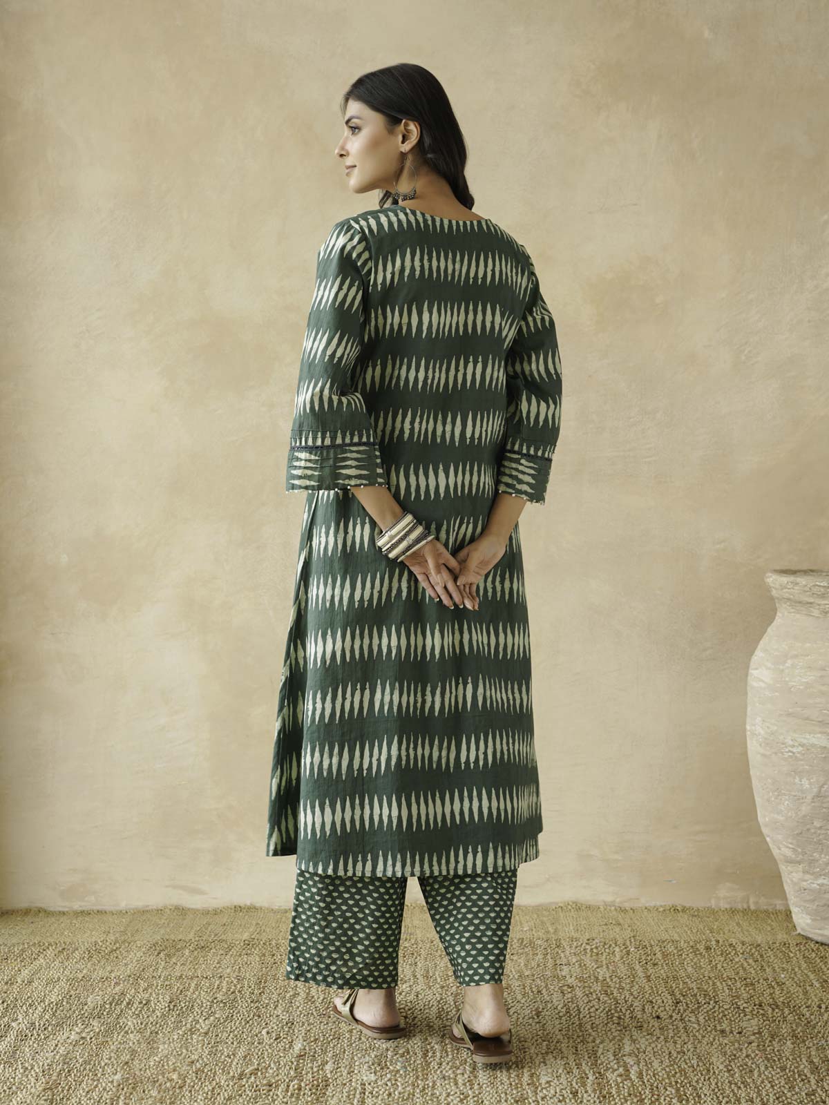 Cotton Printed Aline Kurta Set For Women Green