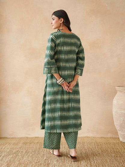 Cotton Printed Aline Kurta Set For Women Green