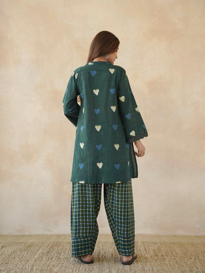 Farshi Set Relaxed Fit Kurta & Pants Set Green Heart