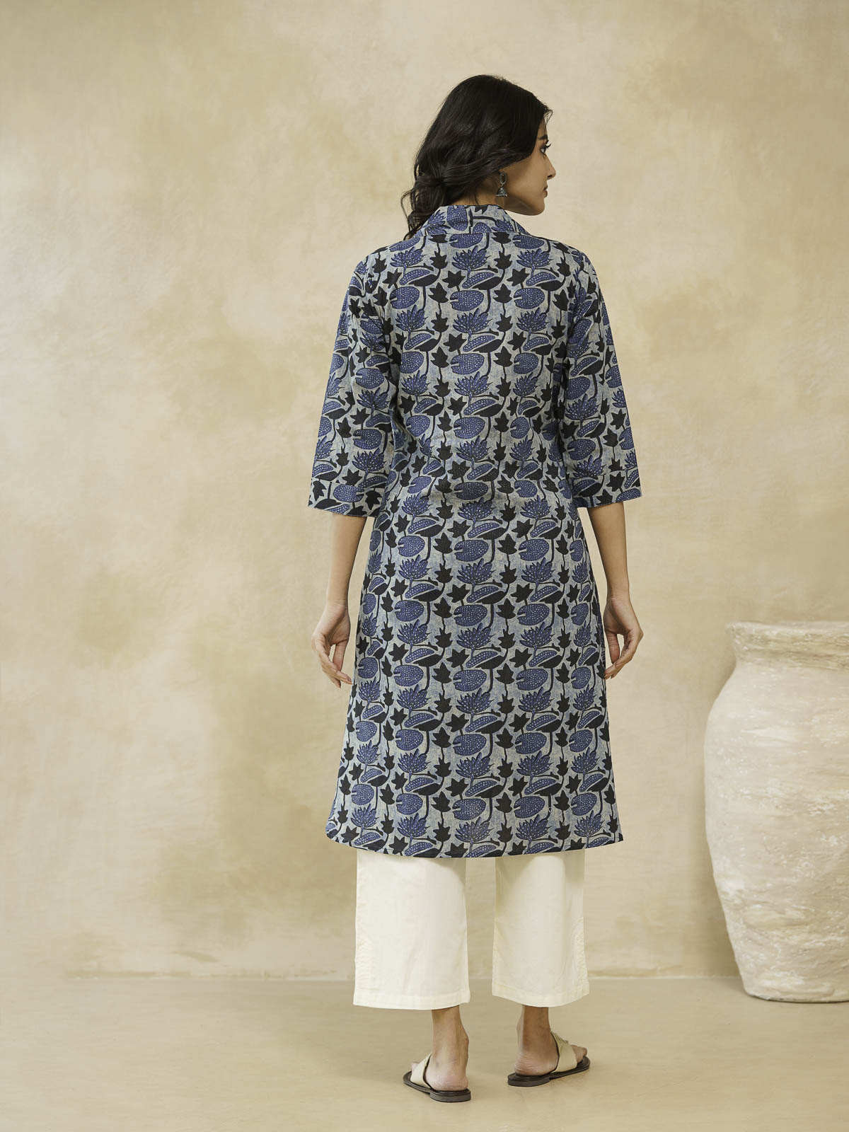 Cotton Printed Straight Kurta Indigo Lotus