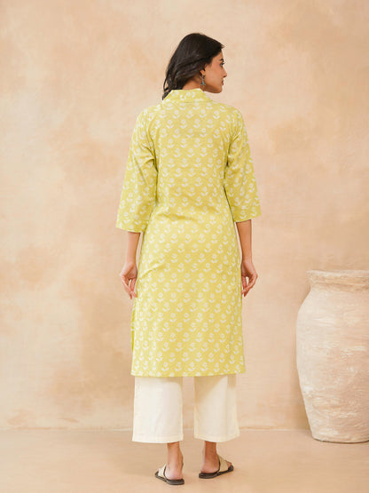 Cotton Printed Straight Kurta Yellow
