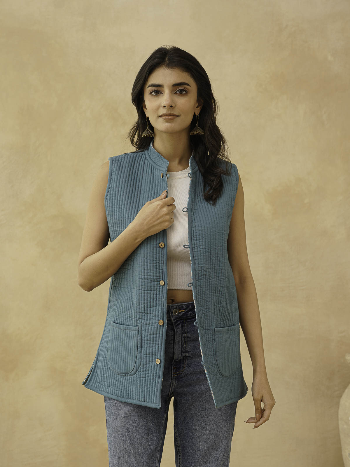 Cotton Printed Sleeveless Quilted Jacket Green Jaal