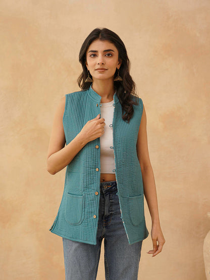 Cotton Printed Sleeveless Quilted Jacket Green Jaal