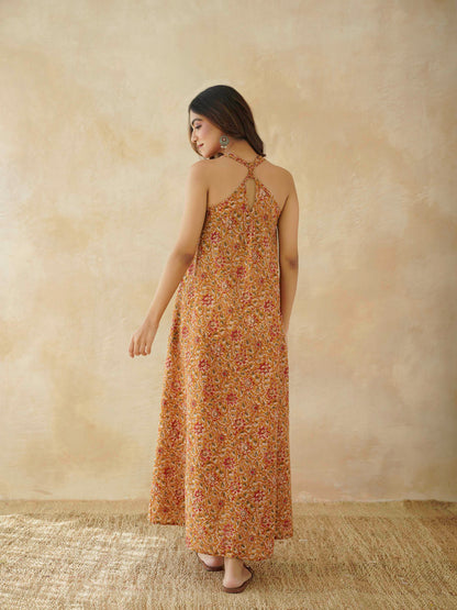 Cotton Printed Aline Moana Dress Mustard