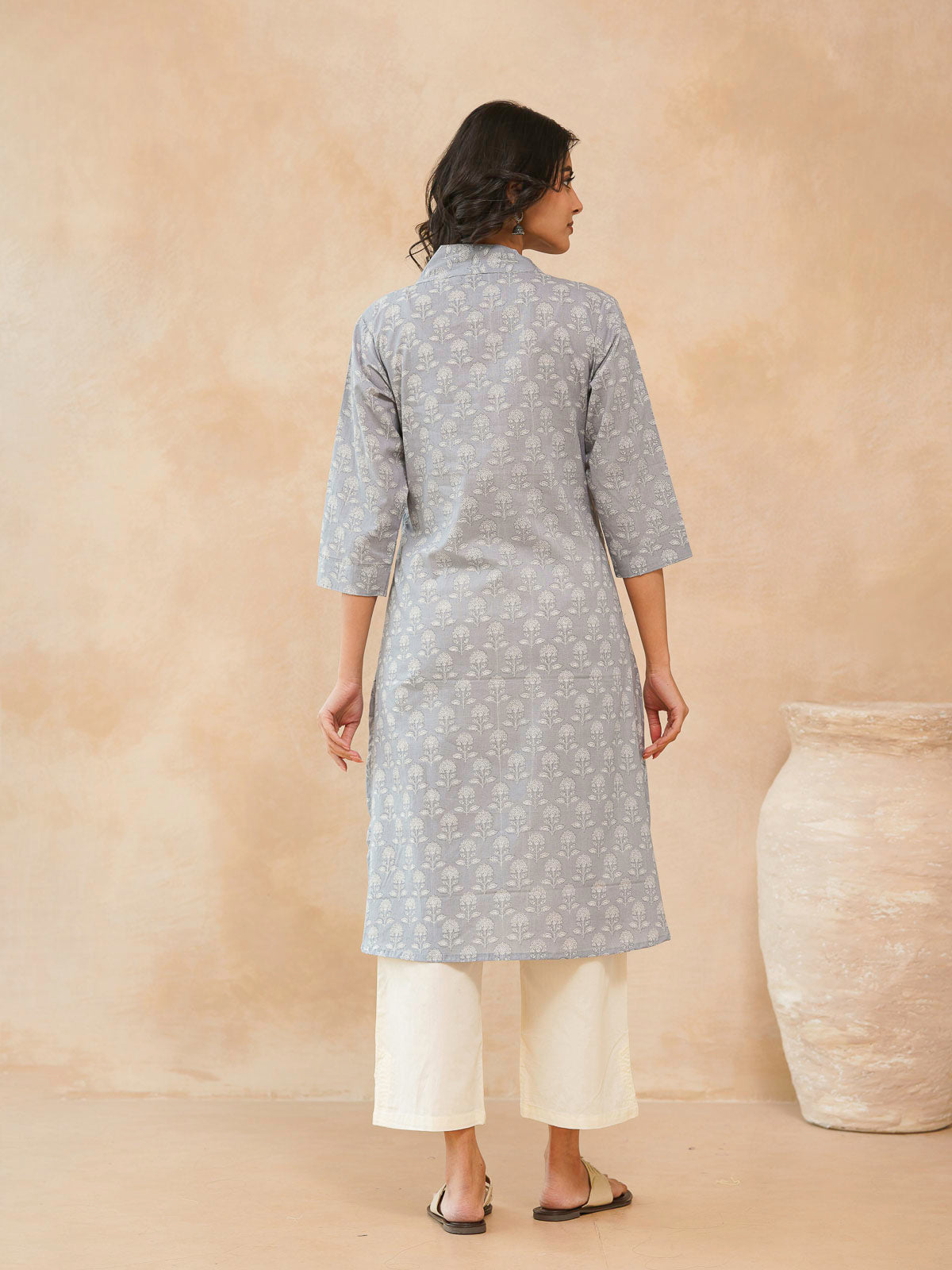 Cotton Printed Straight Kurta Grey