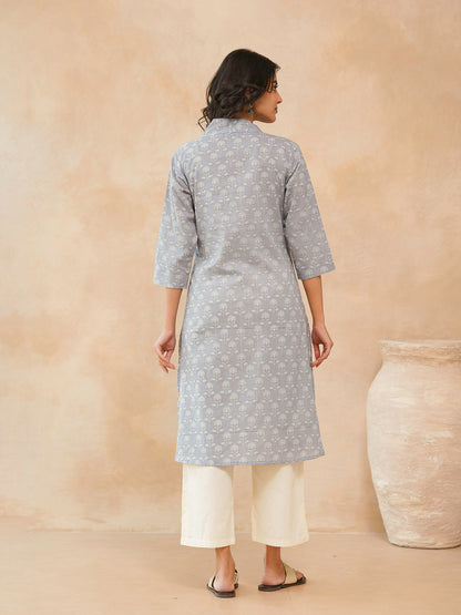 Cotton Printed Straight Kurta Grey