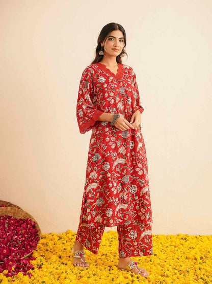 Block Printed Cotton Kurta Pant Bagiya Set Red Jaal