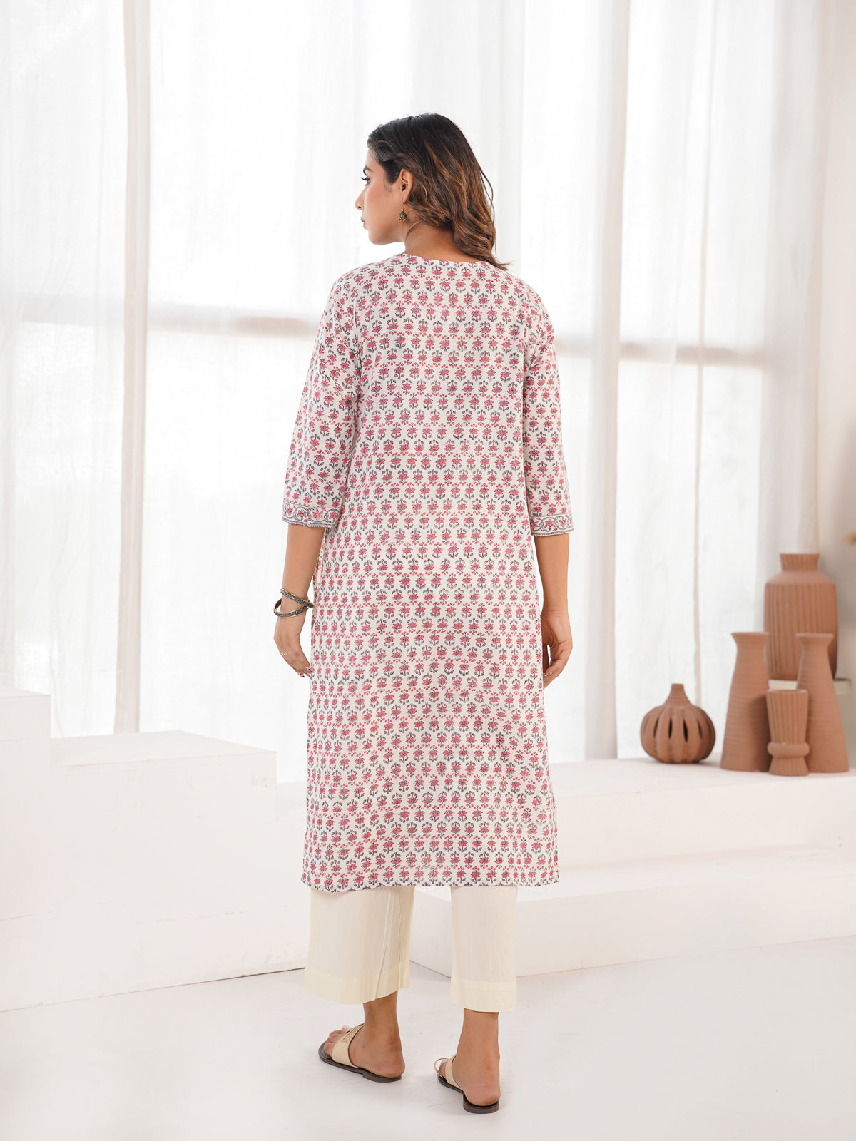 Cotton Block Printed Long Kurta White Booty