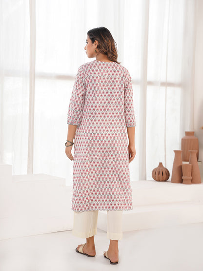 Cotton Block Printed Long Kurta White Booty