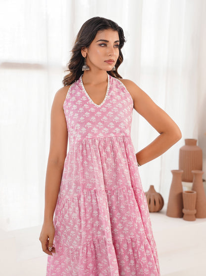Tiered Halter Neck Dress Pink Booty
