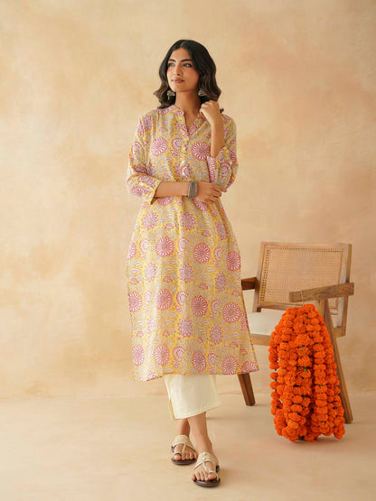 Cotton Printed Collar Neck Long Kurti For Women Yellow
