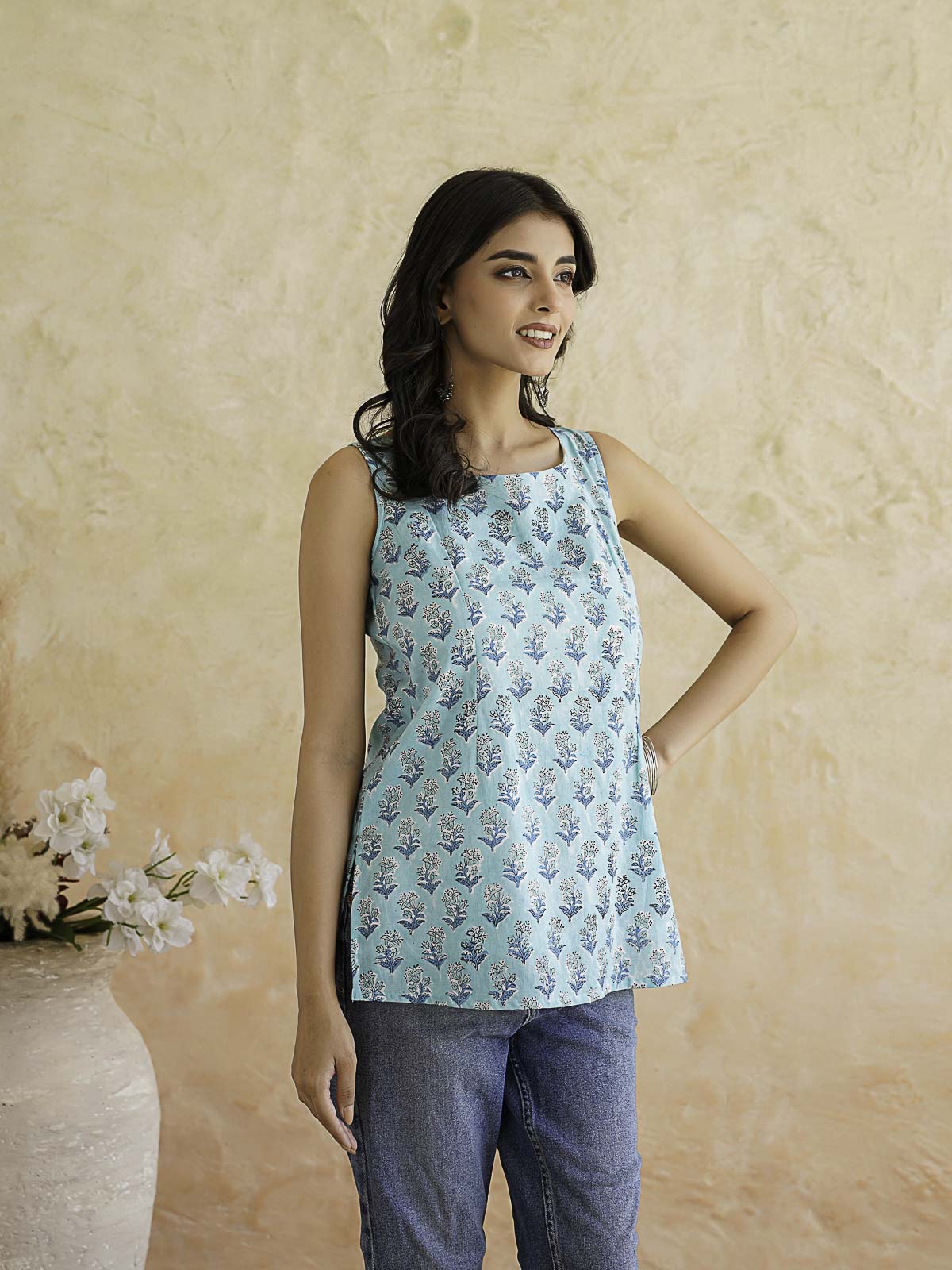 Cotton Printed Stylish Backless Tie-Up Kurti Sky Blue