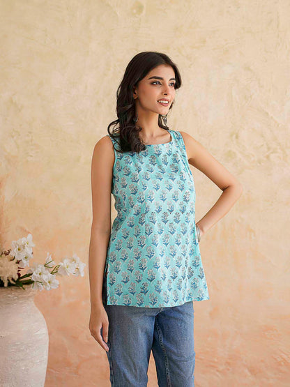 Cotton Printed Stylish Backless Tie-Up Kurti Sky Blue