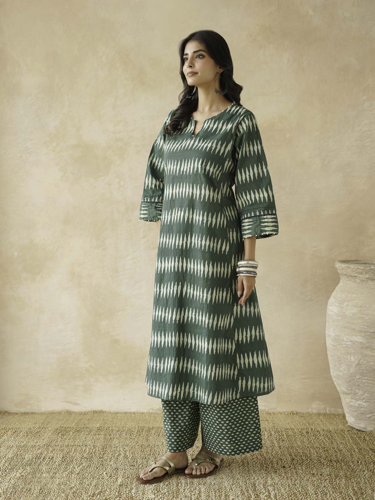Cotton Printed Aline Gitika Set For Women Green