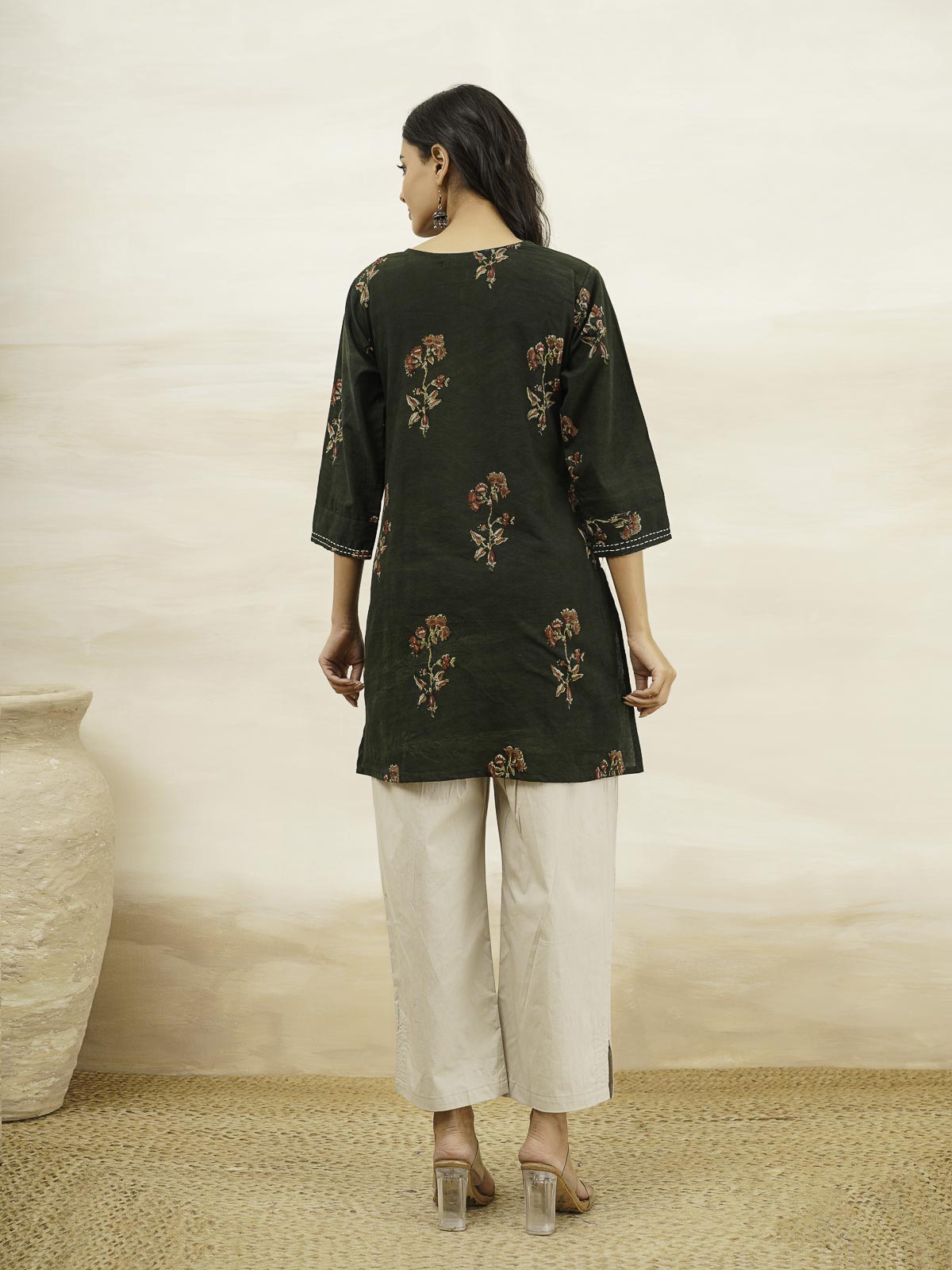 Cotton Printed Kantha Kurta Green Patti