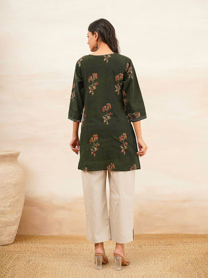 Cotton Printed Kantha Kurta Green Patti