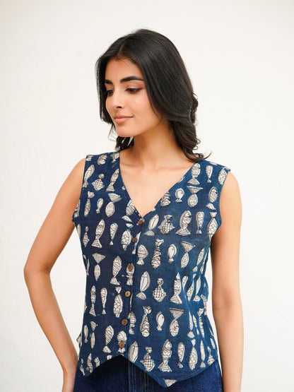 Sleeveless Cotton Block Printed Kothi Top Fish
