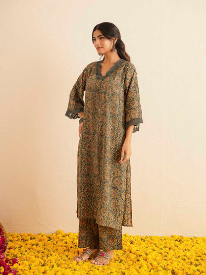 Block Printed Cotton Kurta Pant Bagiya Set Forest Green