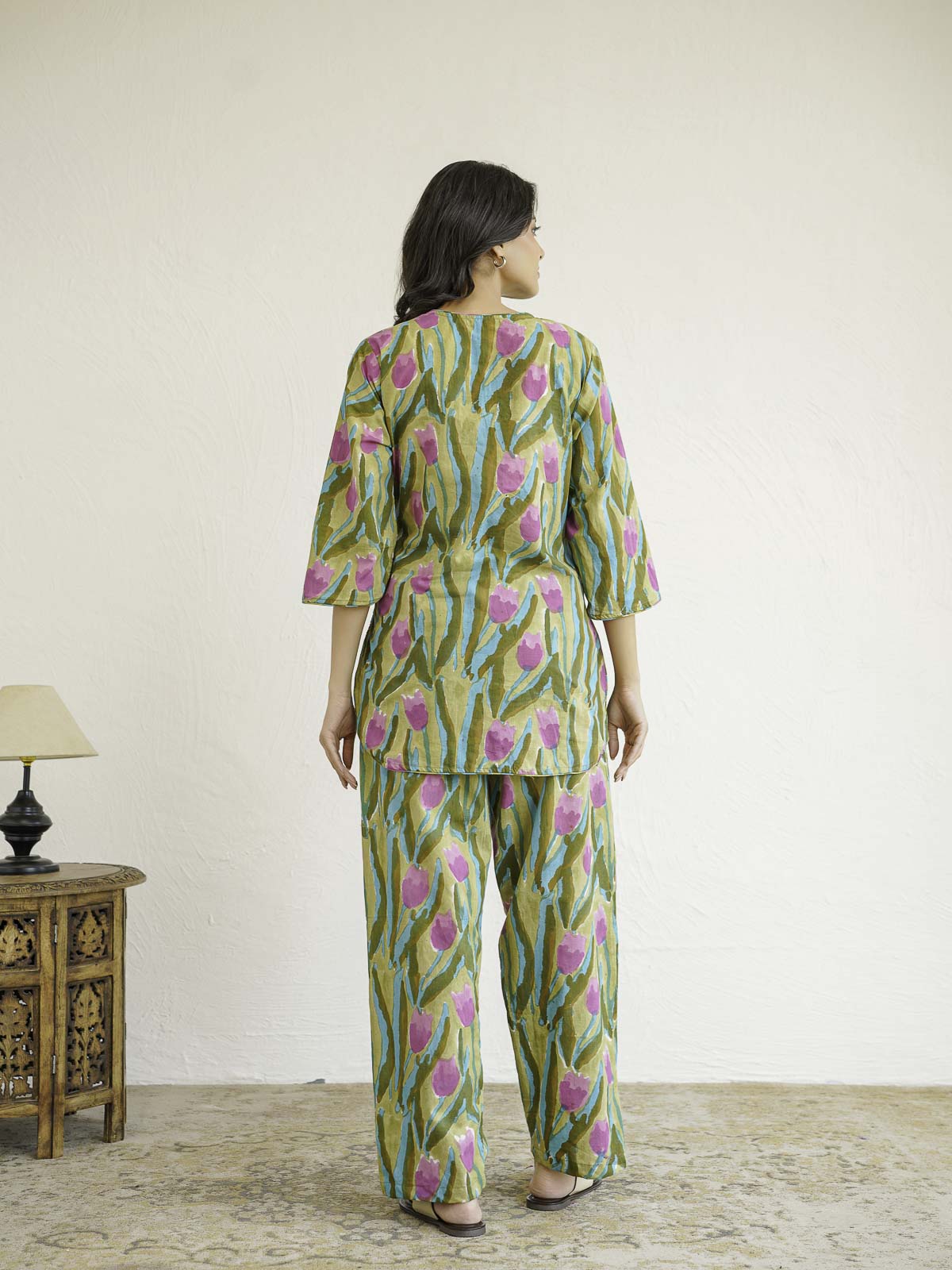 Cotton Printed Lounge Wear Coord Set Green Flower