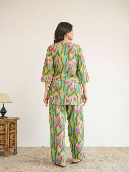 Cotton Printed Lounge Wear Coord Set Green Flower