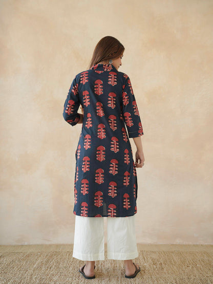 Cotton Printed Straight Kurta Red Coral
