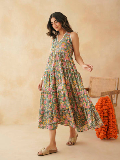 Tiered Halter Neck Dress Green Jaal