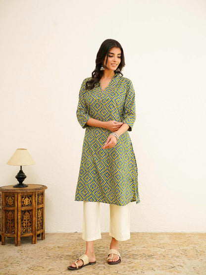 Cotton Printed Straight Kurta Green Bndhej
