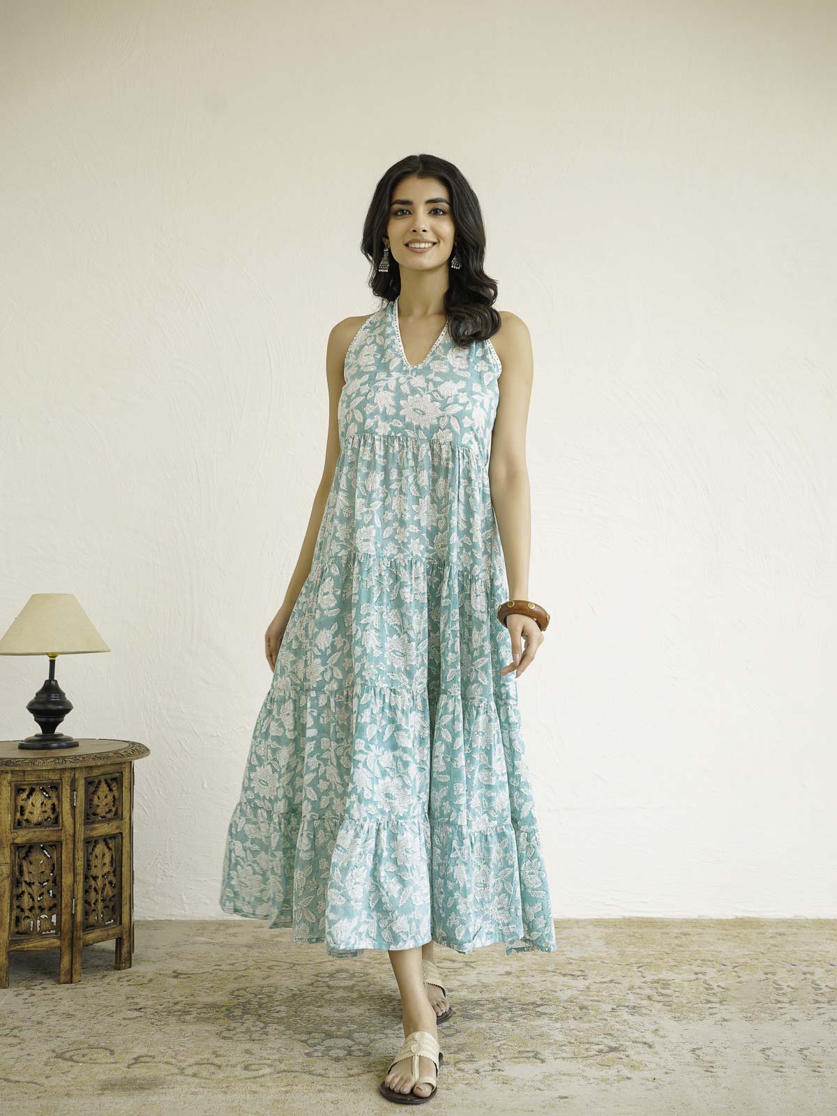 Tiered Halter Neck Dress Light Green