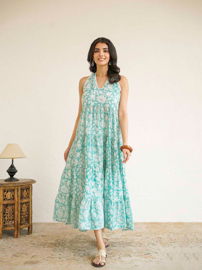 Tiered Halter Neck Dress Light Green