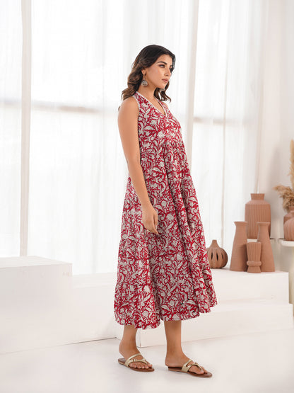 Tiered Halter Neck Dress Red Jaal