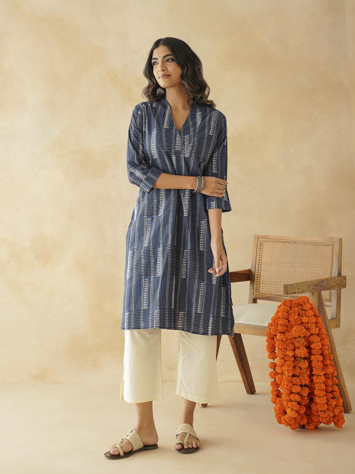 Cotton Printed Straight Kurta Indigo Strp