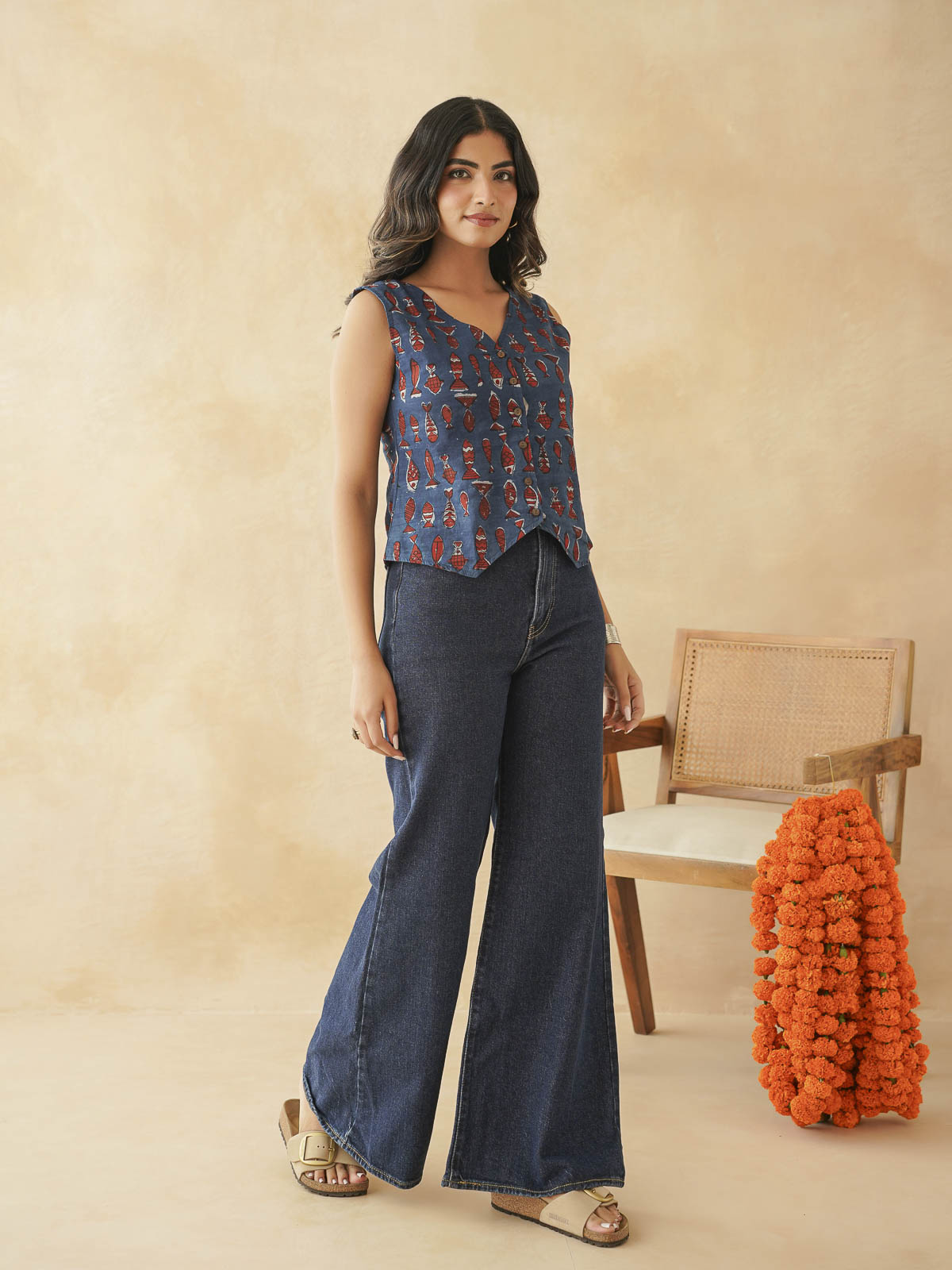 Sleeveless Cotton Block Printed Kothi Top Indigo Fish