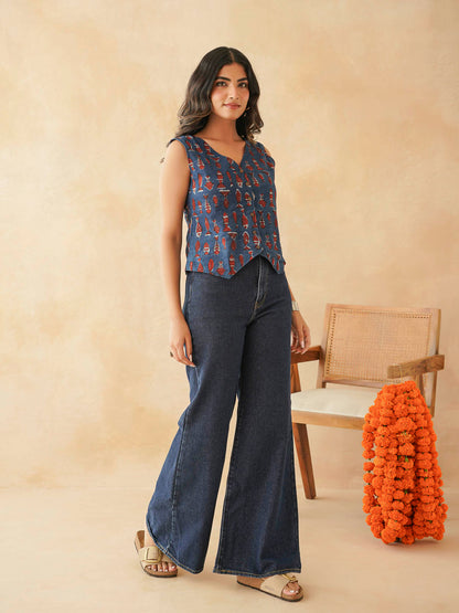 Sleeveless Cotton Block Printed Kothi Top Indigo Fish