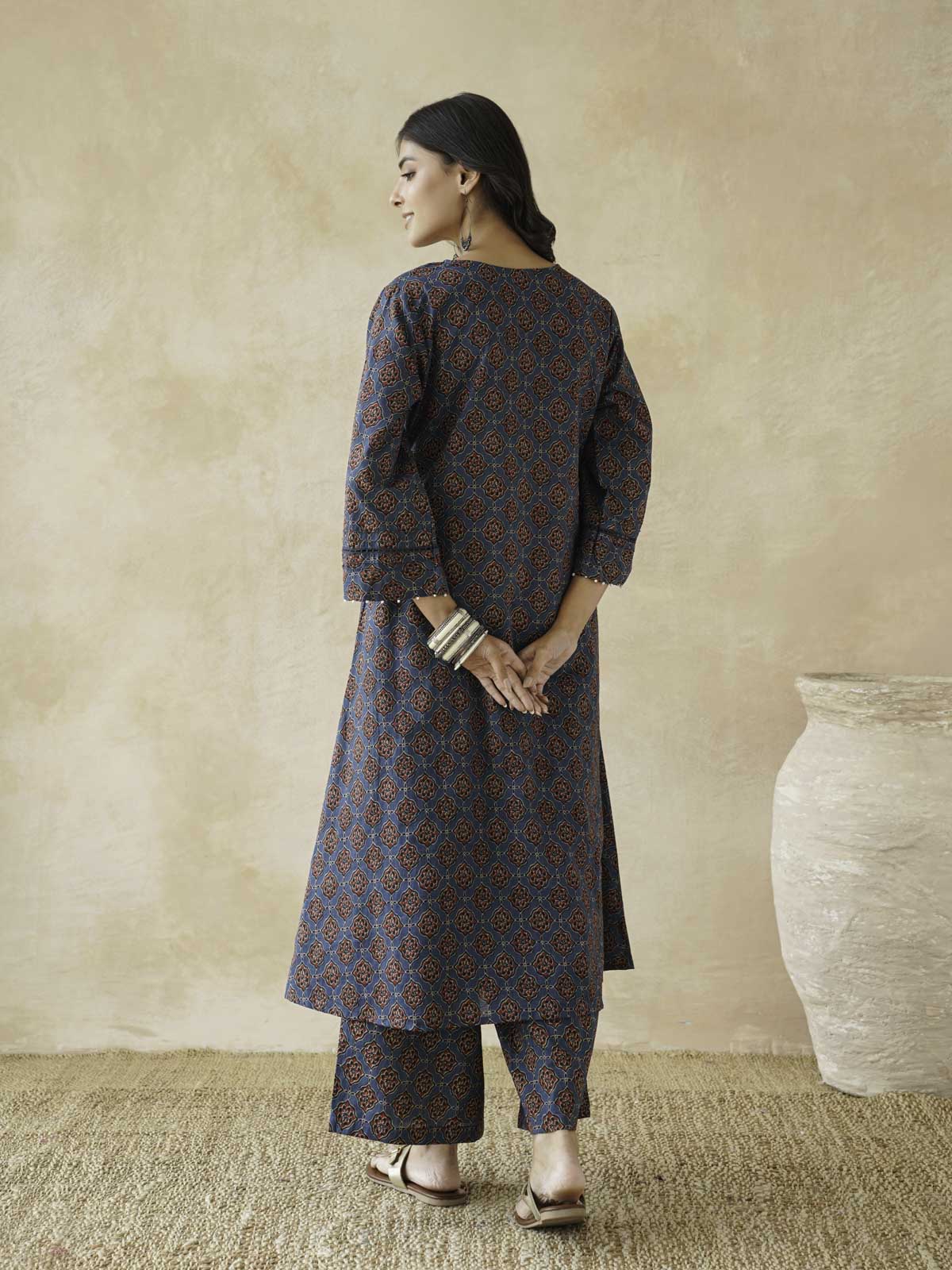 Cotton Printed Aline Kurta Set For Women Blue