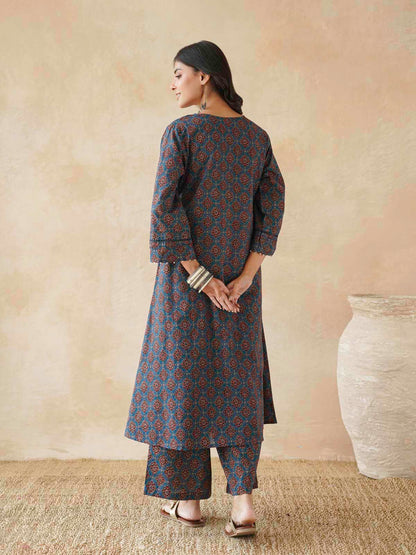 Cotton Printed Aline Kurta Set For Women Blue