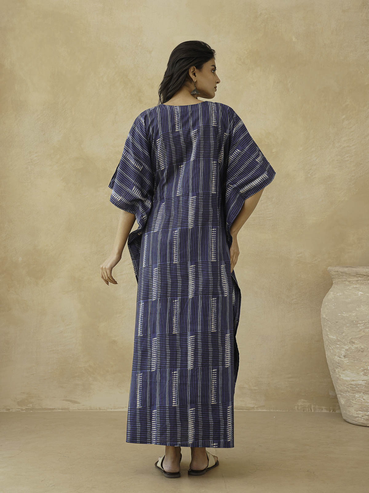 Block-Printed Cotton Long Kaftan Indio Straip