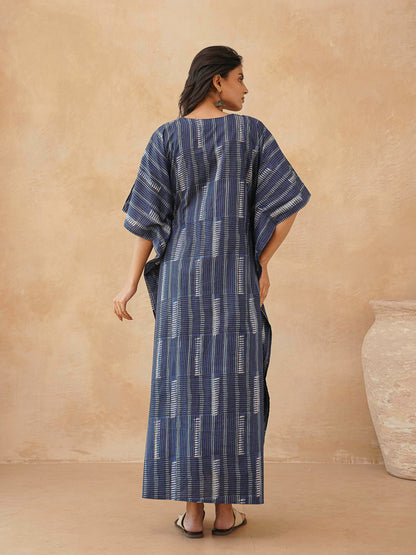 Block-Printed Cotton Long Kaftan Indio Straip