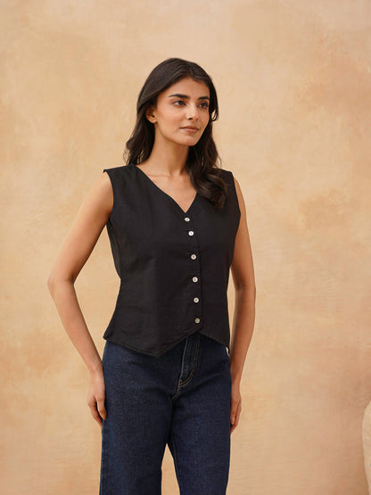 Classic Linen Vest For Women Black