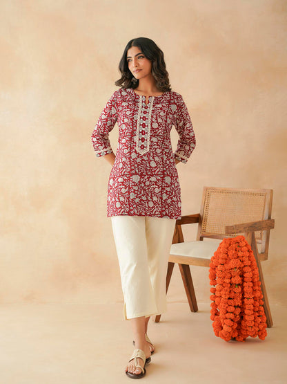 Block-Printed Cotton Zoya Kurti Red Jaal