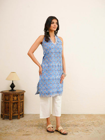 Sleeveless Cotton Halter Neck Kurti Blue Booty