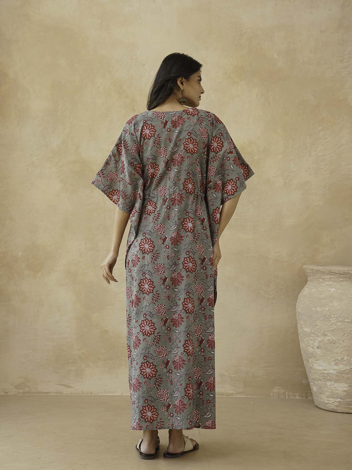 Block-Printed Cotton Long Kaftan Grey