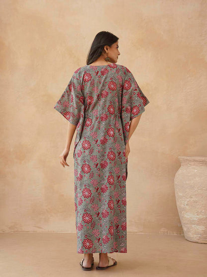 Block-Printed Cotton Long Kaftan Grey