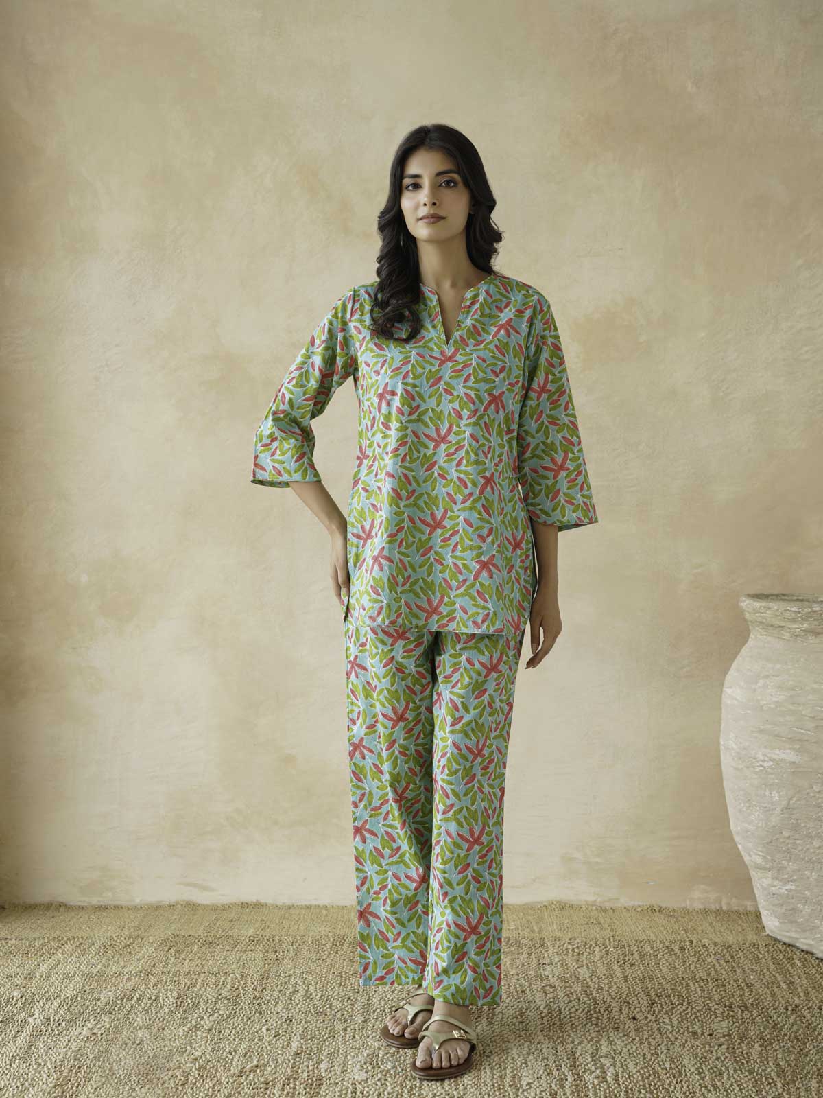 Cotton Printed Lounge Wear Coord Set Green Patti