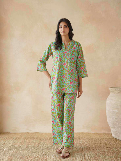 Cotton Printed Lounge Wear Coord Set Green Patti