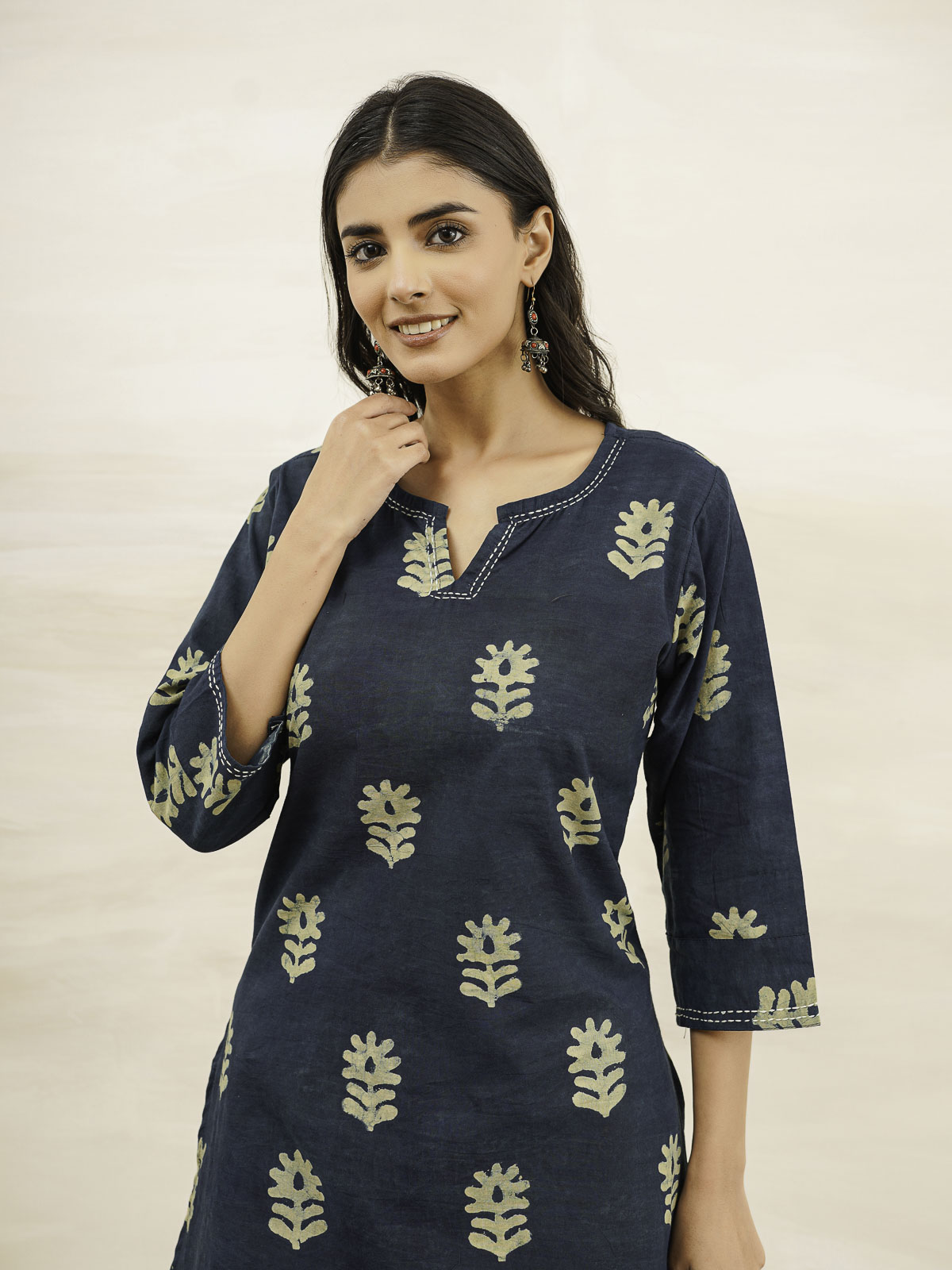Cotton Printed Kantha Kurta Indigo Boota