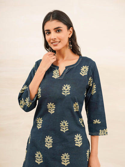 Cotton Printed Kantha Kurta Indigo Boota