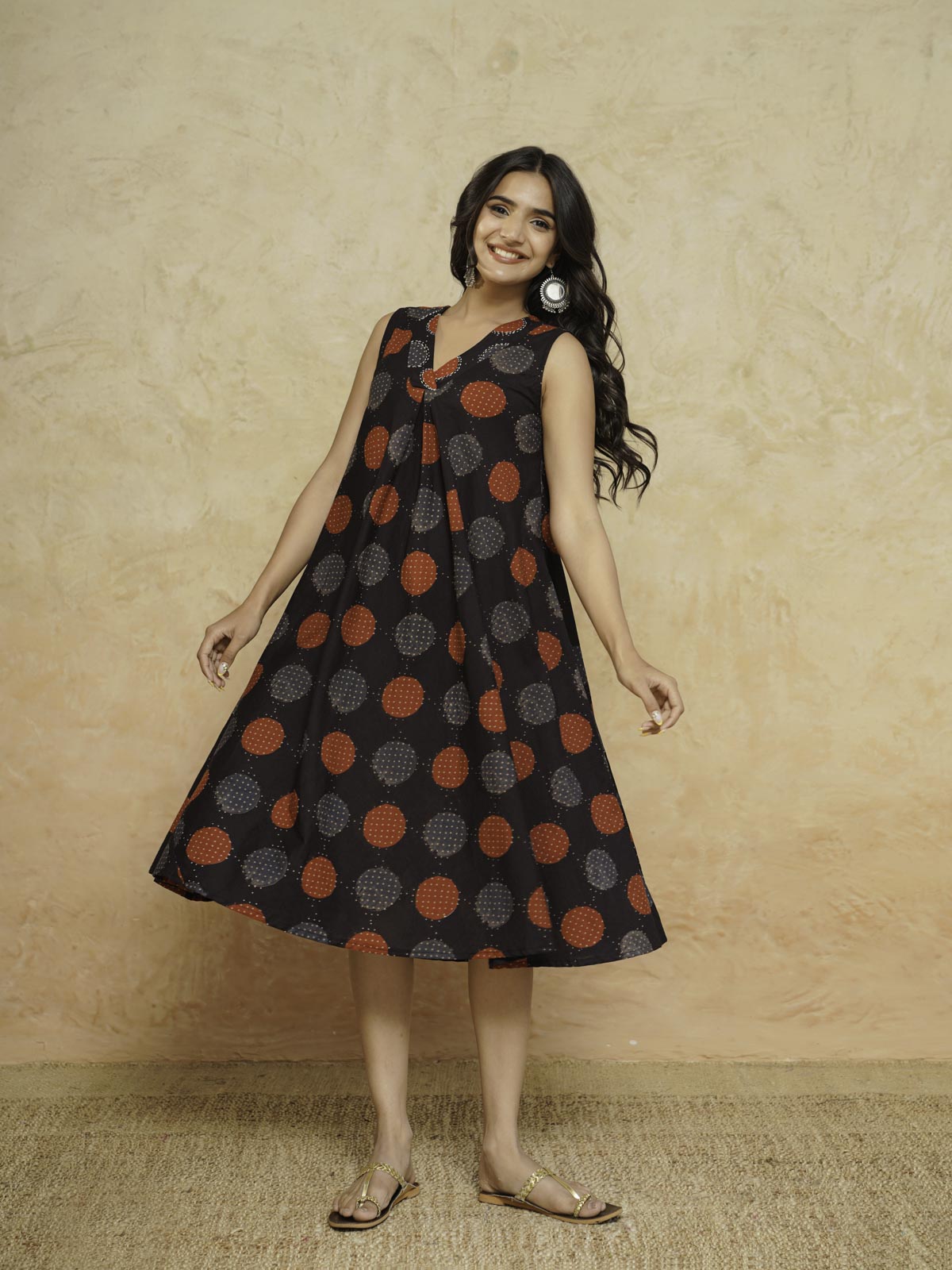 Cotton Printed Sleeveles Anjuna Dress Black