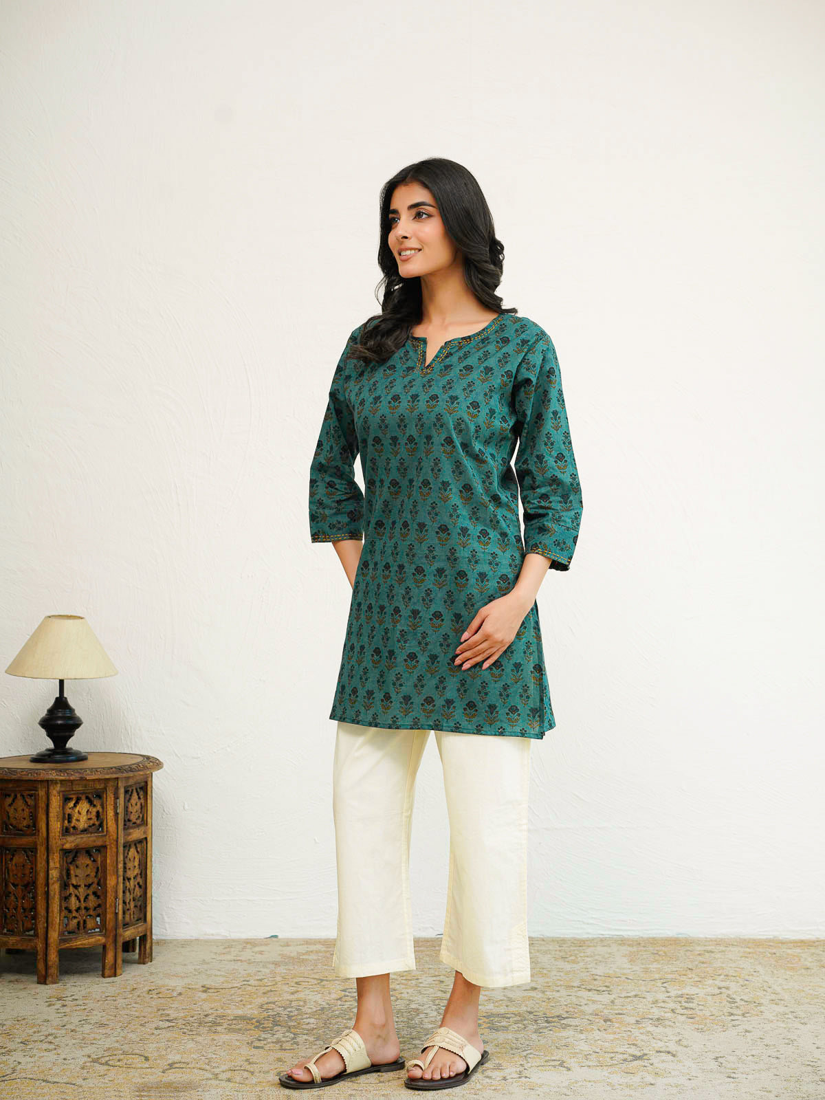Cotton Printed Kantha Kurta Grey