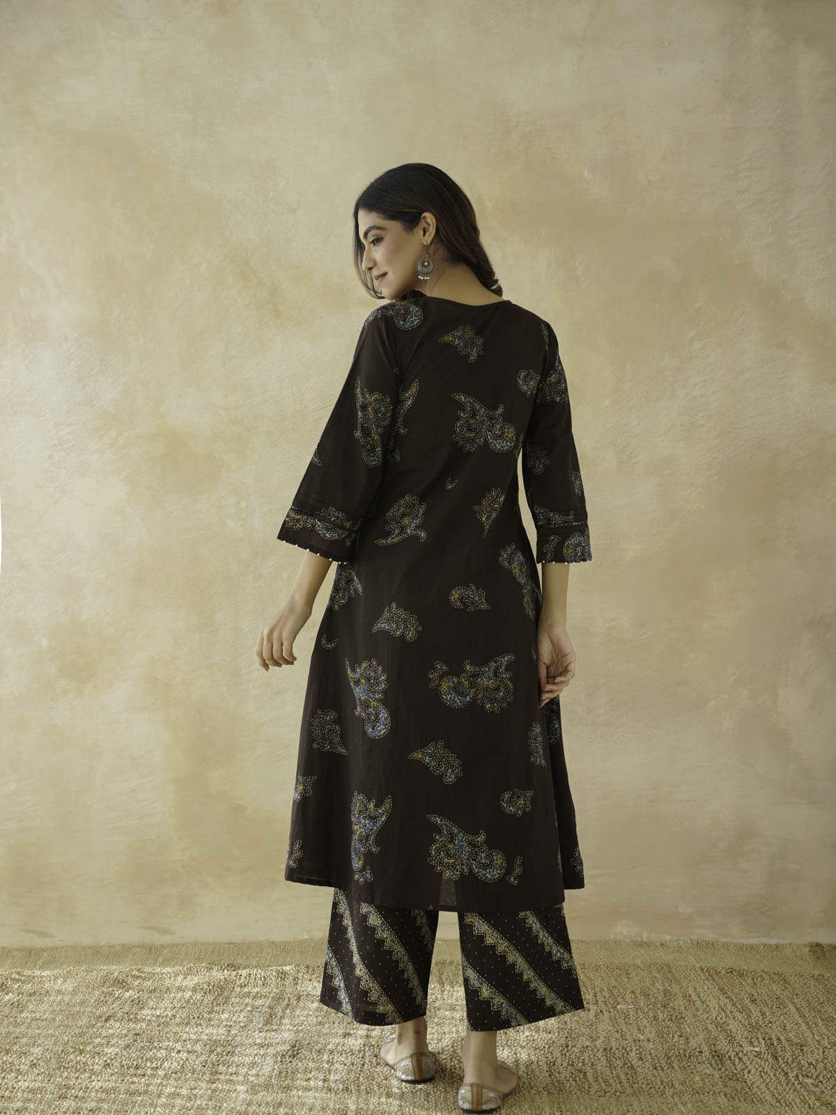 Cotton Printed Aline Geet Kurta Set For Women Choco Brown