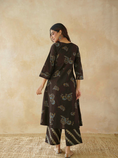 Cotton Printed Aline Geet Kurta Set For Women Choco Brown